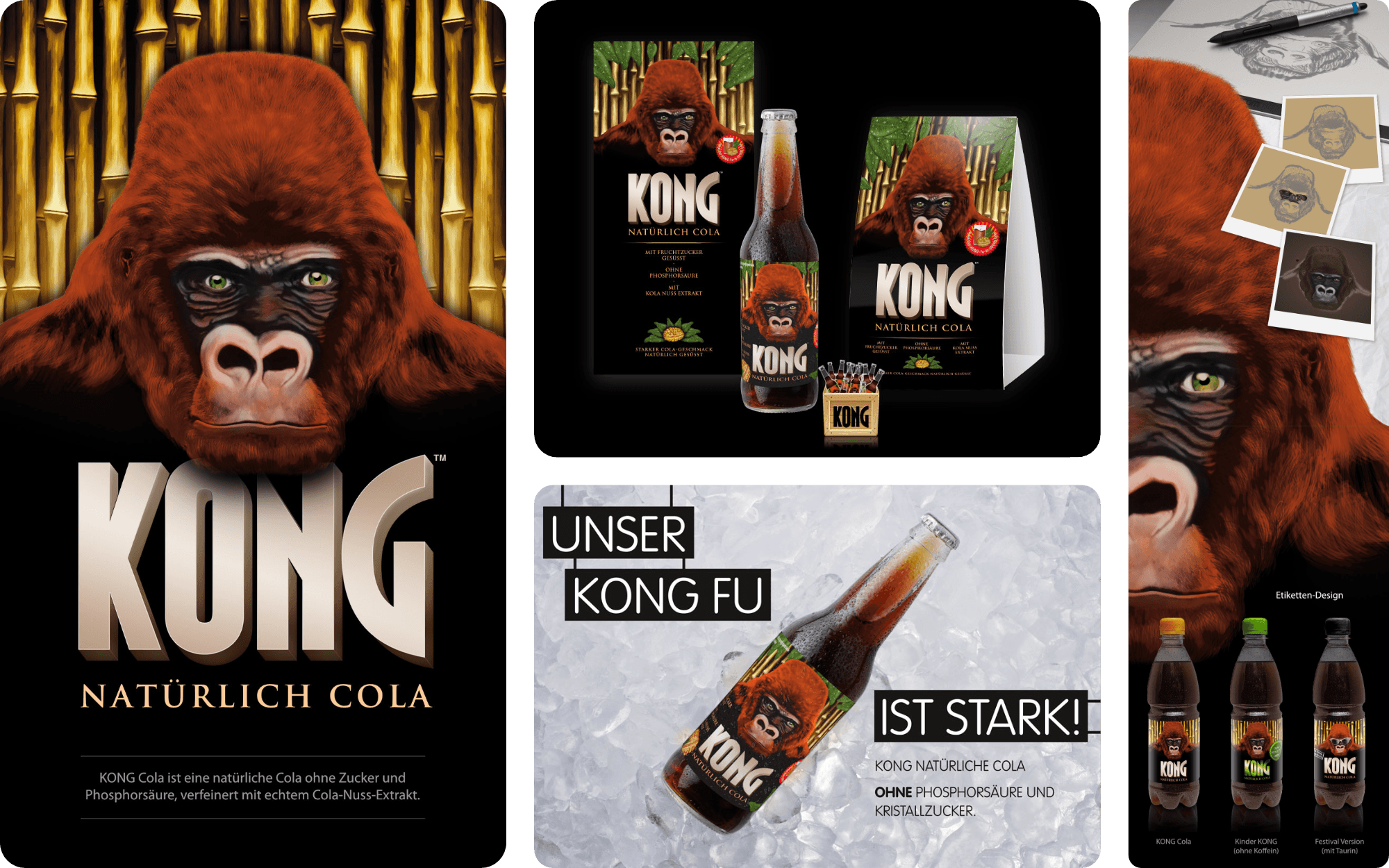 KONG Cola — Entwicklung von Name, Packaging, digitaler Illustration und dem prägnanten Markenclaim für KONG Cola.